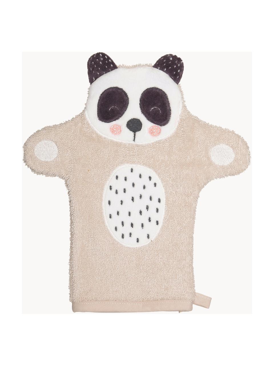 Gant de toilette en coton bio Panda Penny, 100 % coton bio, Beige, blanc, gris foncé, larg. 11 x long. 21 cm