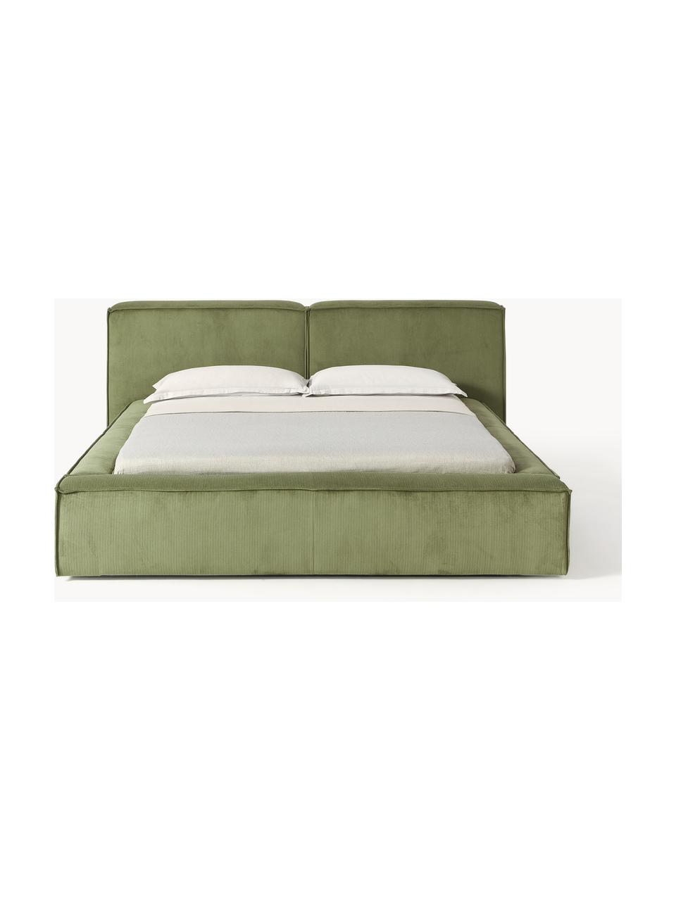 Gestoffeerd bed Lennon van corduroy, Bekleding: corduroy (98% polyester, , Frame: massief grenenhout, multi, Poten: hout, kunststof Dit produ, Corduroy olijfgroen, B 208 x L 243 cm (ligvlak 140 x 200 cm)