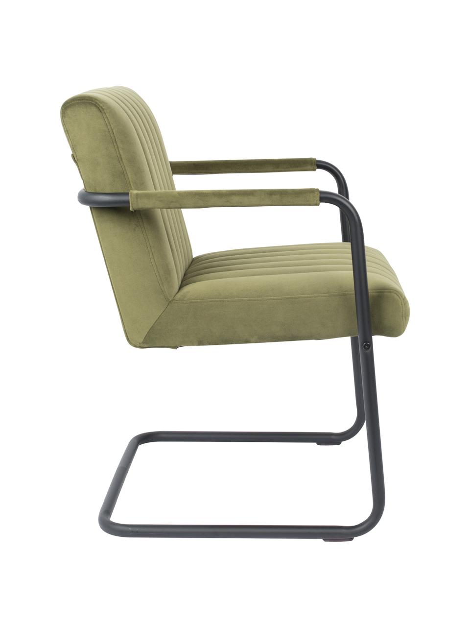 Fluwelen cantilever stoel titched met armleuning, Bekleding: polyester fluweel, Frame: gepoedercoat metaal, Olijfgroen, 58 x 66 cm