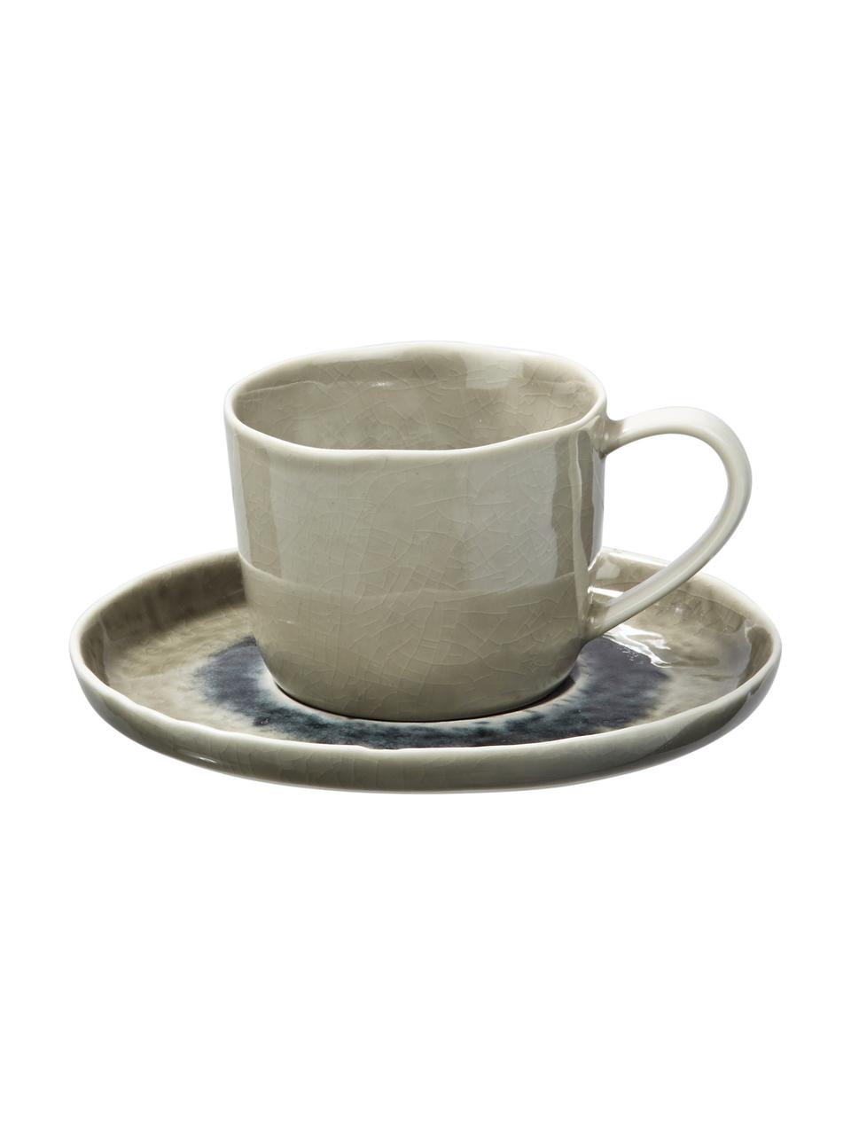 Tasse mit Untertasse Porcelino Sea in Graugrün/Beige, 6 Stück, Porzellan, Graugrün, Beige, Dunkelgrau, Ø 15 x H 8 cm