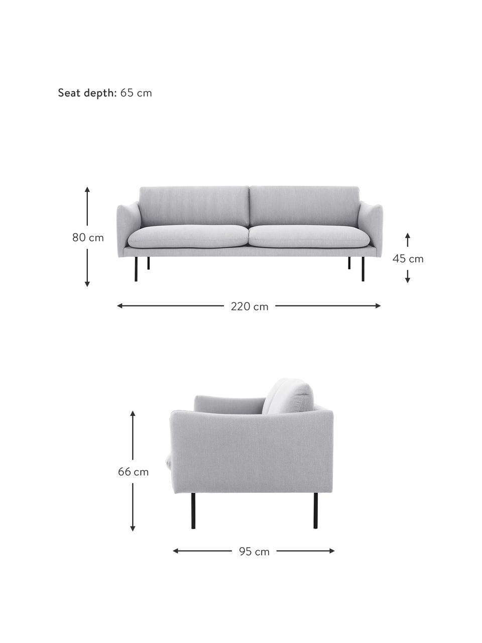 Canapé 3 places avec pieds en métal Moby, Tissu gris clair, larg. 220 x prof. 95 cm