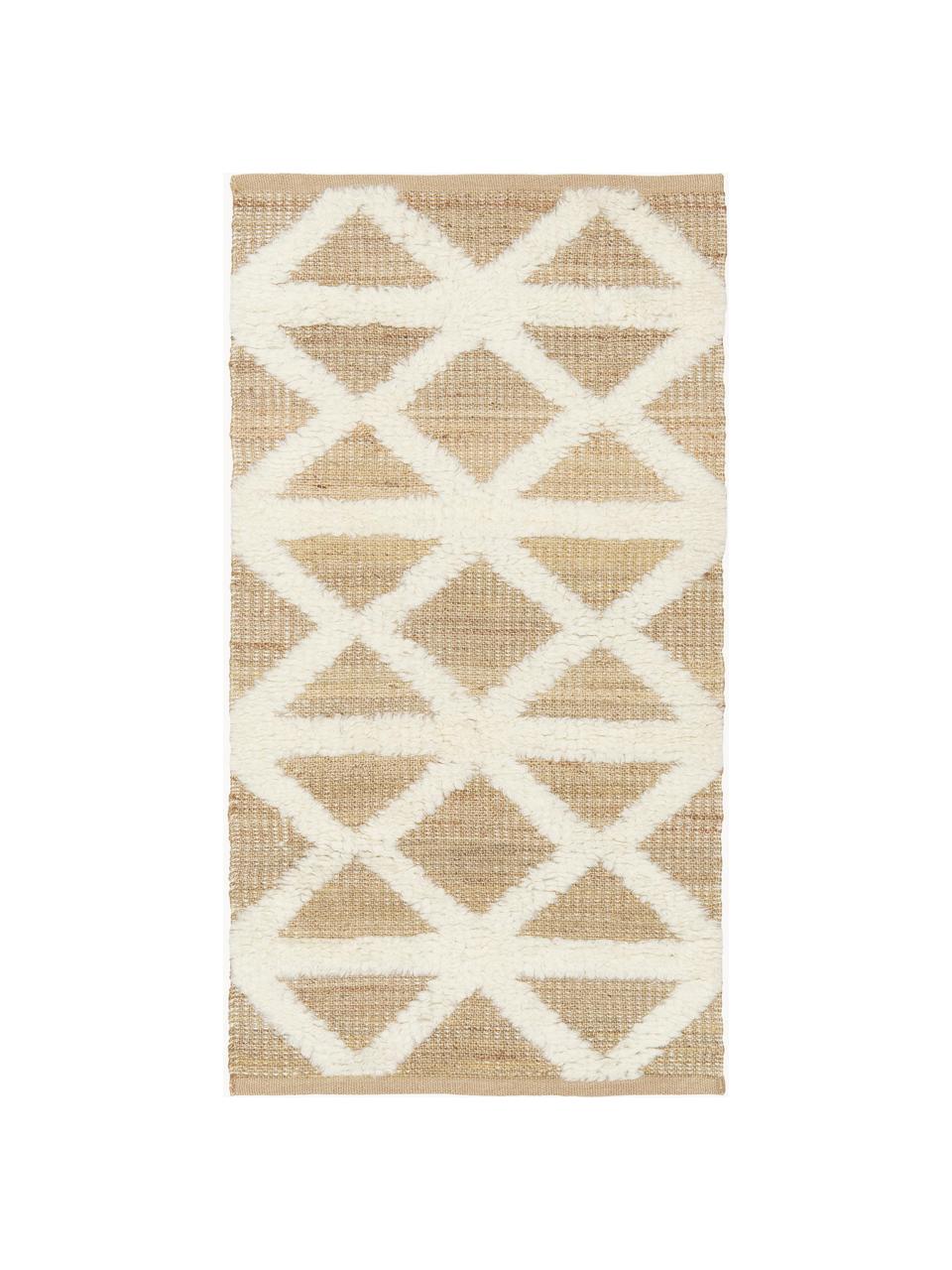 Handgeweven jute vloerkleed Malea, 57% jute, 35% wol, 7% katoen, Beige, crèmewit, B 80 x L 150 cm (maat XS)