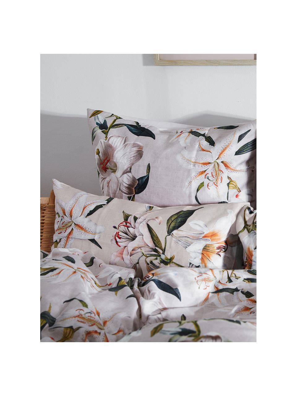 Baumwollsatin-Kopfkissenbezüge Flori mit Blumen-Print, 2 Stück, Webart: Satin Fadendichte 210 TC,, Hellgrau, Beige, B 40 x L 80 cm