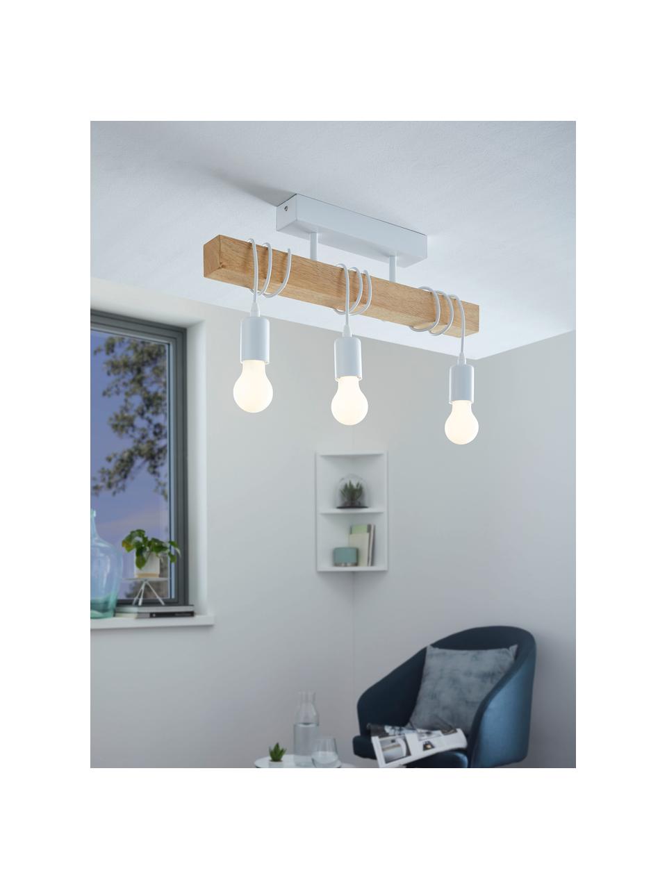Plafondlamp Townshend van hout, Baldakijn: gelakt staal, Wit, rubberhout, B 55 x H 27 cm