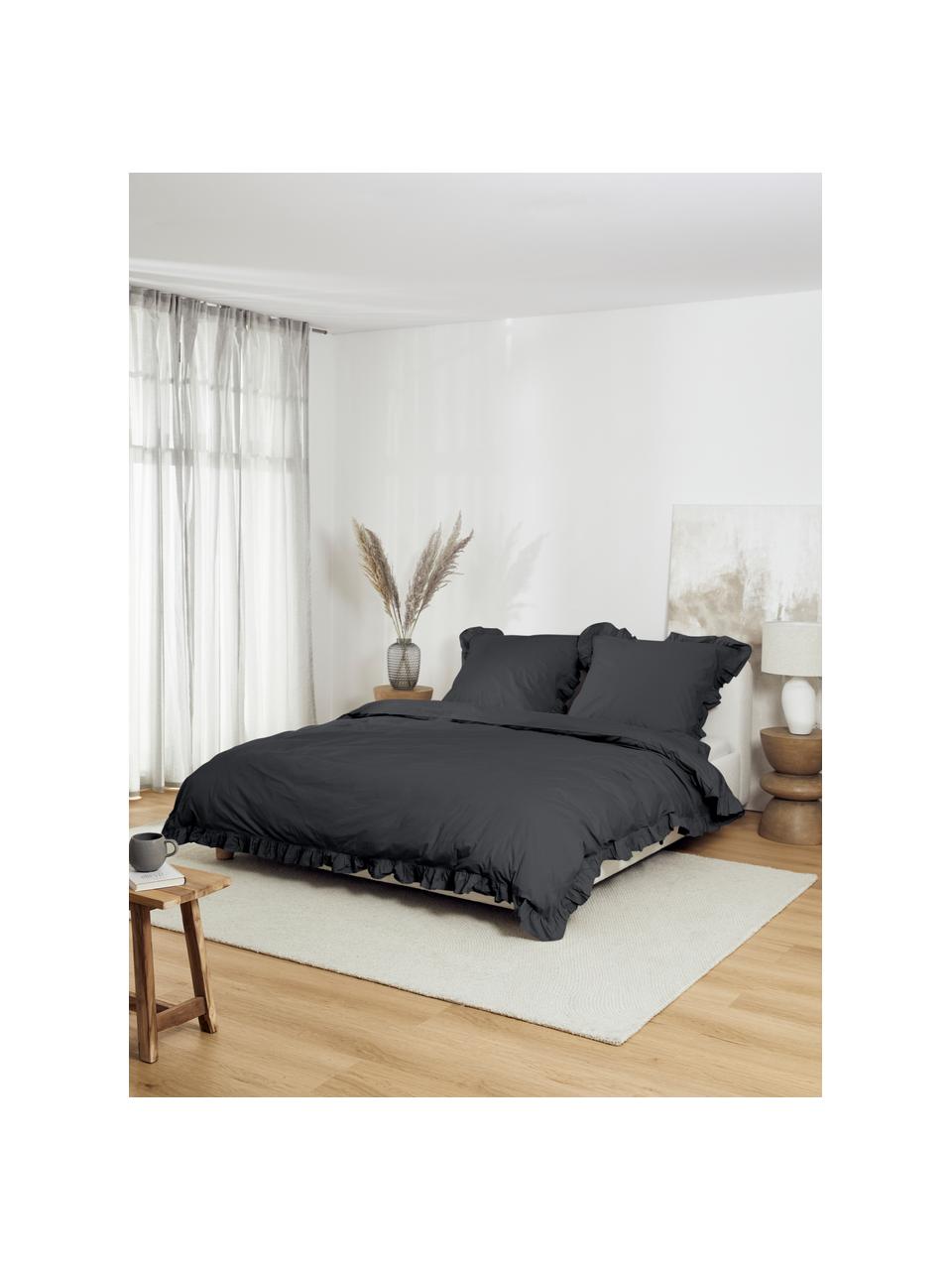 Bavlnená posteľná bielizeň z bavlneného perkálu s volánmi Florence, Tmavosivá, 135 x 200 cm + 1 vankúš 80 x 80 cm