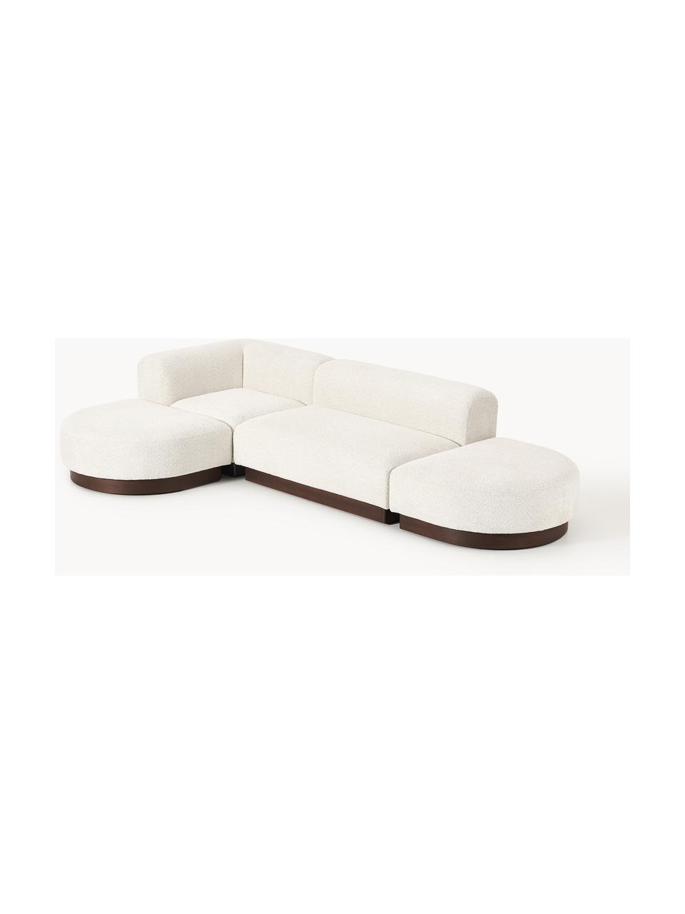 Modulares Ecksofa Natalie aus Teddy-Bouclé, Bezug: Teddy-Bouclé (100 % Polye, Gestell: mitteldichte Holzfaserpla, Sockel: Massives Buchenholz, lack, Teddy-Bouclé Off White, dunkles Buchenholz, B 337 x T 197 cm, Eckteil links