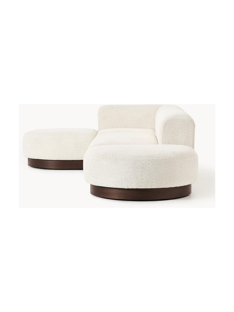 Modulares Ecksofa Natalie aus Teddy-Bouclé, Bezug: Teddy-Bouclé (100 % Polye, Gestell: mitteldichte Holzfaserpla, Sockel: Massives Buchenholz, lack, Teddy-Bouclé Off White, dunkles Buchenholz, B 337 x T 197 cm, Eckteil links