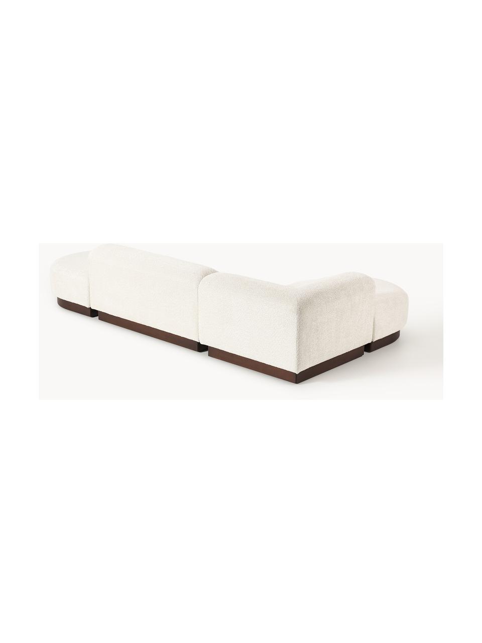 Modulares Ecksofa Natalie aus Teddy-Bouclé, Bezug: Teddy-Bouclé (100 % Polye, Gestell: mitteldichte Holzfaserpla, Sockel: Massives Buchenholz, lack, Teddy-Bouclé Off White, dunkles Buchenholz, B 337 x T 197 cm, Eckteil links