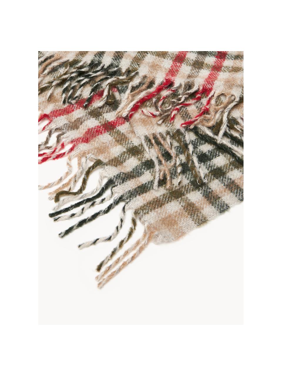 Plaid à franges Timothy, 53 % polyacrylique, 20 % polyester, 15 % laine, 12 % polyamide, Beige clair, rouge, vert foncé, larg. 130 x long. 170 cm