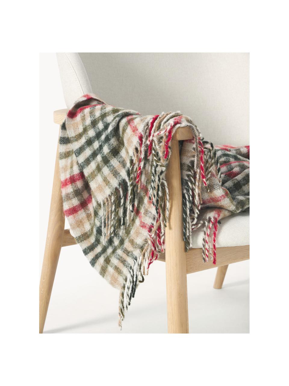 Geruite plaid Timothy met franjes, 53% polyacryl, 20% polyester, 15% wol, 12% polyamide, Lichtbeige, rood, donkergroen, B 130 x H 170 cm