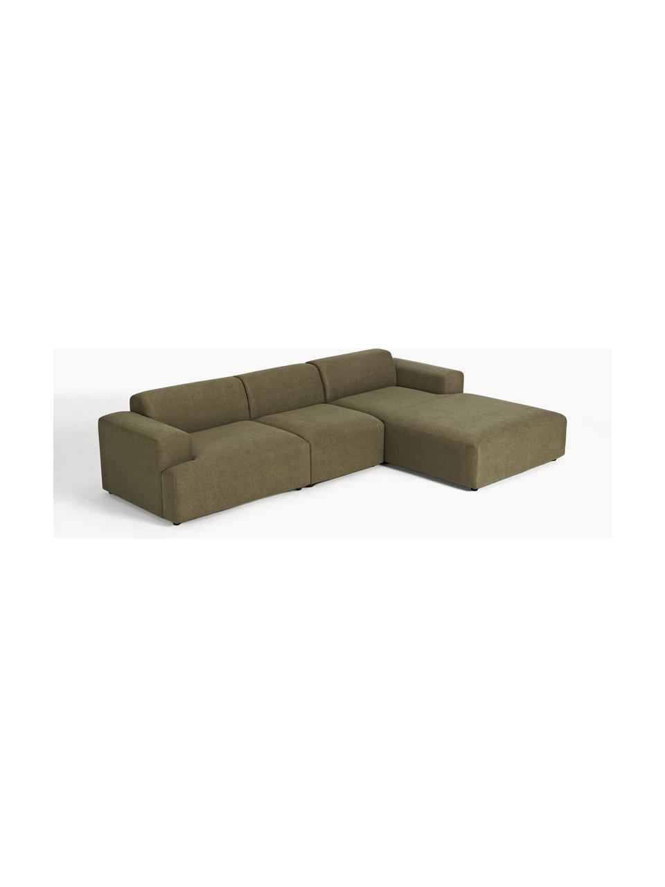 Canapé d'angle 4 places Melva, Tissu vert olive, larg. 319 x prof. 195 cm, dossier à droite
