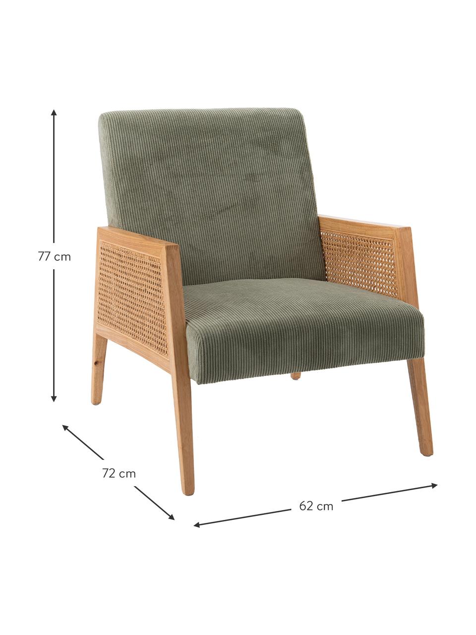 Sillón de terciopelo con tejido vienés Alba, Tapizado: terciopelo, Reposabrazos: madera de sauce, Patas: madera, Verde, An 62 x F 72 cm