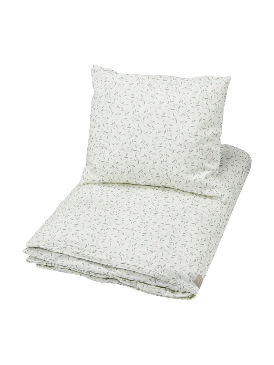 Ropa de cama de algodón ecológico satinado Green Leaves, 100% algodón ecológico satinado con certificado GOTS, Blanco y verde estampado, Cuna (100 x 135 cm), 2 pzas.
