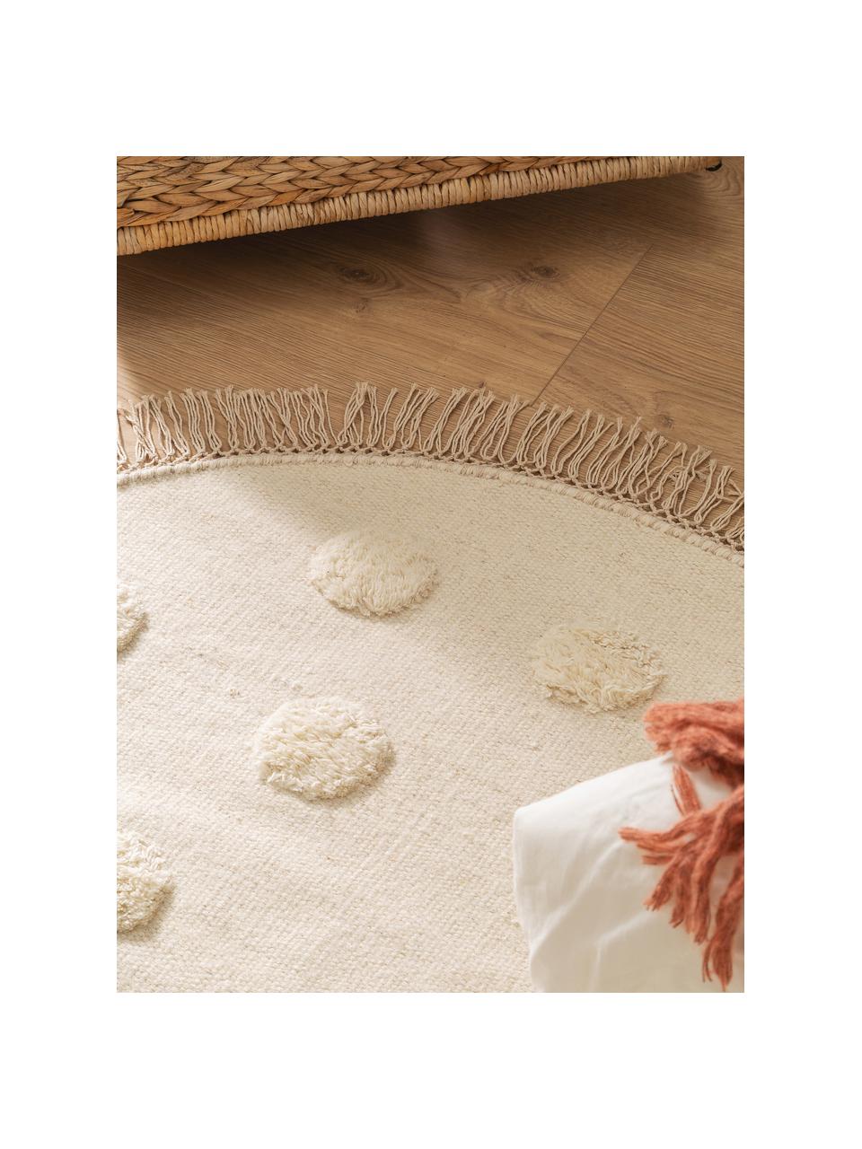 Ręcznie tkany dywan dziecięcy z wełny Carlson, 80% wełna, 20% bawełna

Włókna dywanów wełnianych mogą nieznacznie rozluźniać się w pierwszych tygodniach użytkowania, co ustępuje po pewnym czasie, Kremowobiały, Ø 120 cm (Rozmiar S)