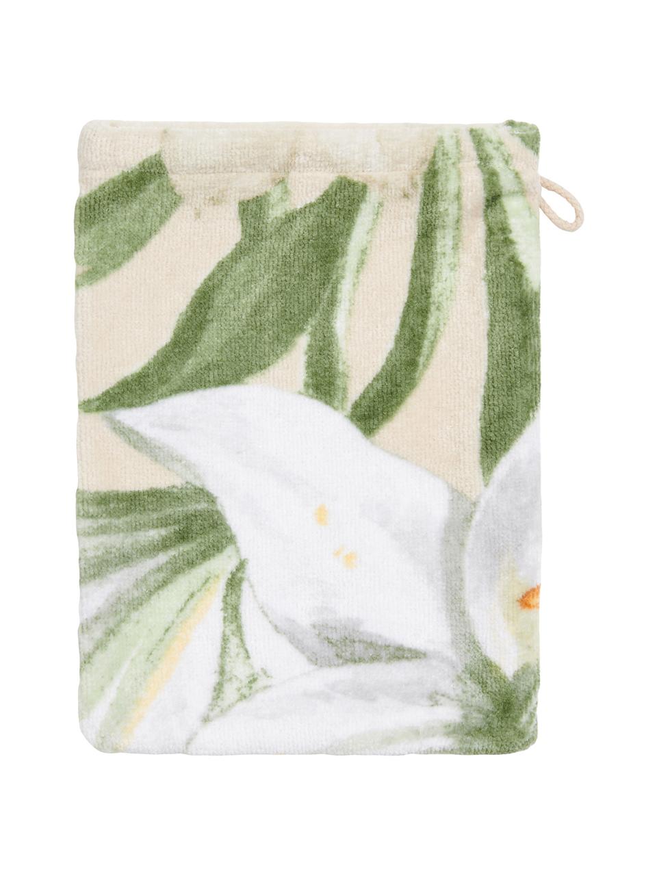 Washandje Rosalee met bloemenpatroon, Katoen, Beige, wit, groen, oranje, 16 x 22 cm