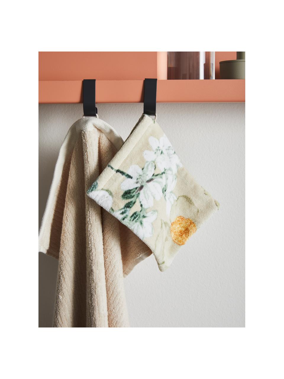 Washandje Rosalee met bloemenpatroon, Katoen, Beige, wit, groen, oranje, 16 x 22 cm