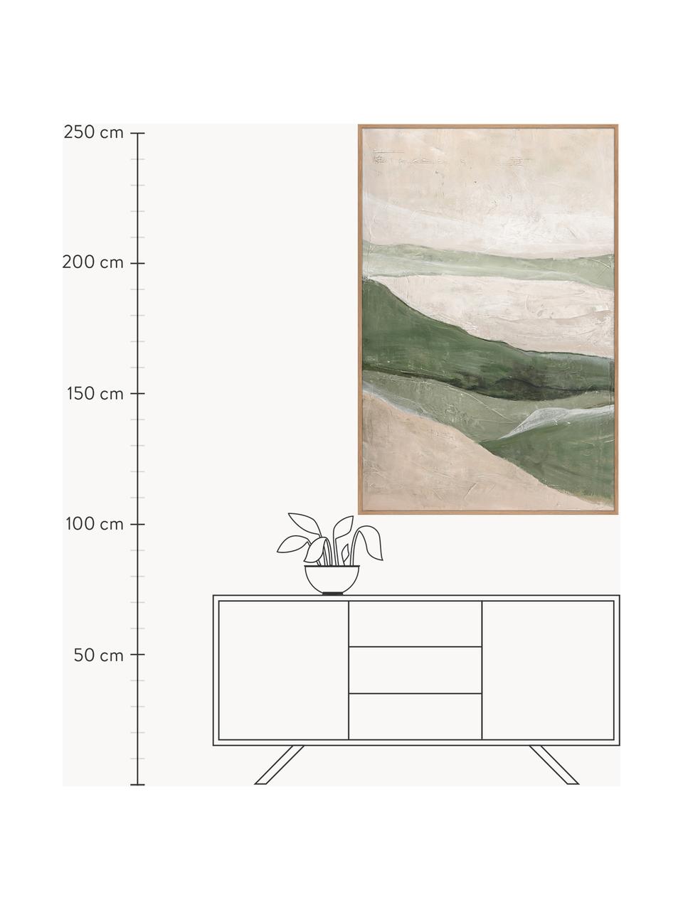 Handgemaltes Leinwandbild Green Field mit Holzrahmen, Rahmen: Eichenholzfurnier, beschi, Beige, Salbeigrün, Helles Holz, B 90 x H 120 cm