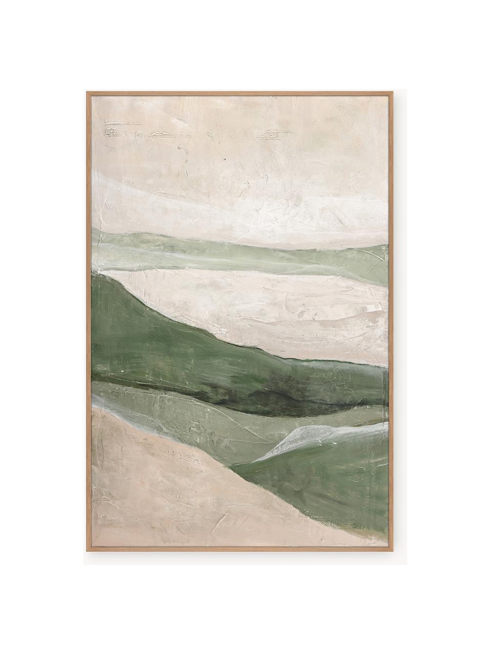 Quadro dipinto a mano con cornice in legno Green Field, Cornice: impiallacciatura di querc, Beige, verde salvia, legno chiaro, Larg. 90 x Alt. 120 cm