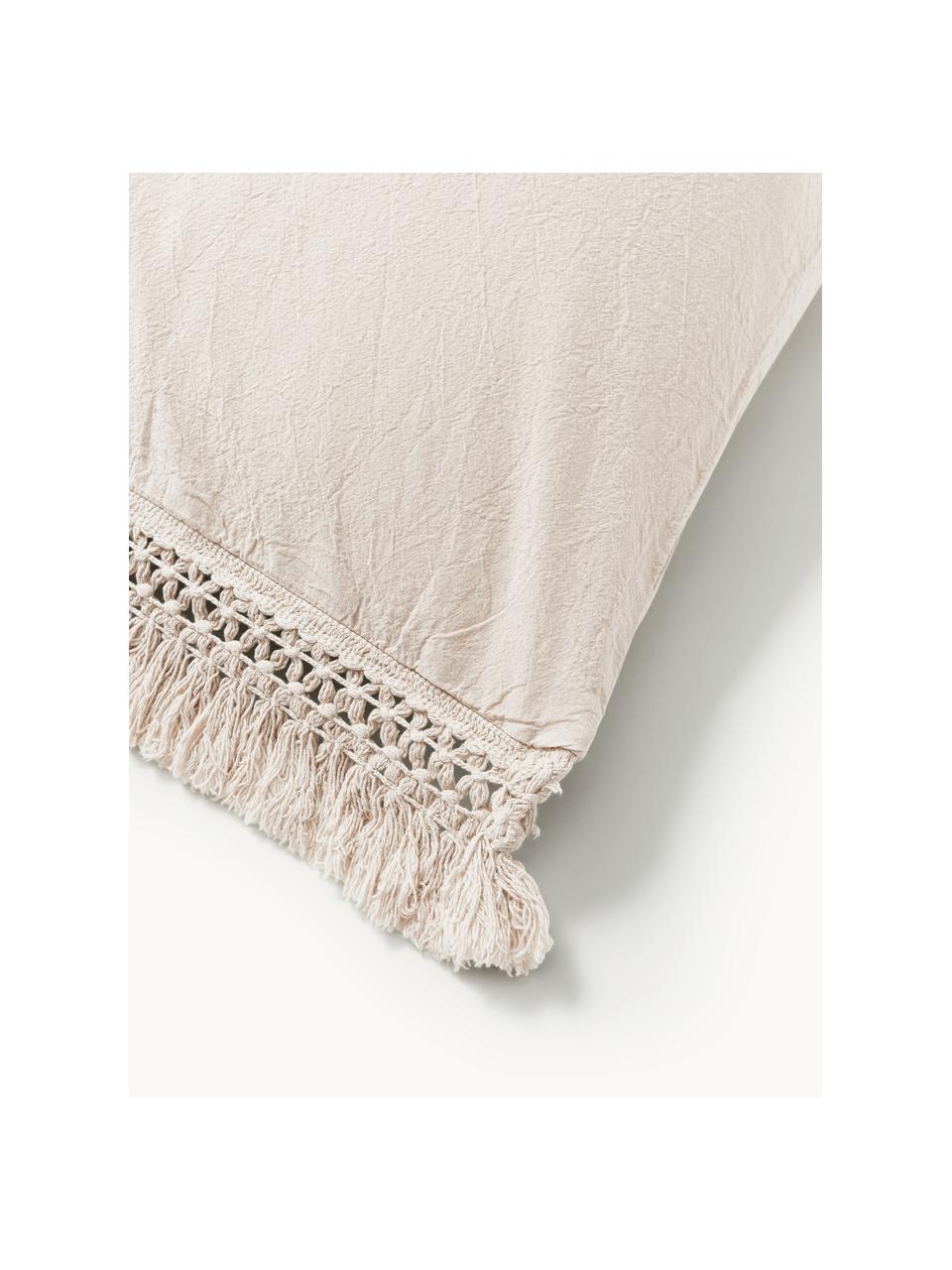 Funda de almohada de algodón con flecos Abra, Beige claro, An 45 x L 110 cm