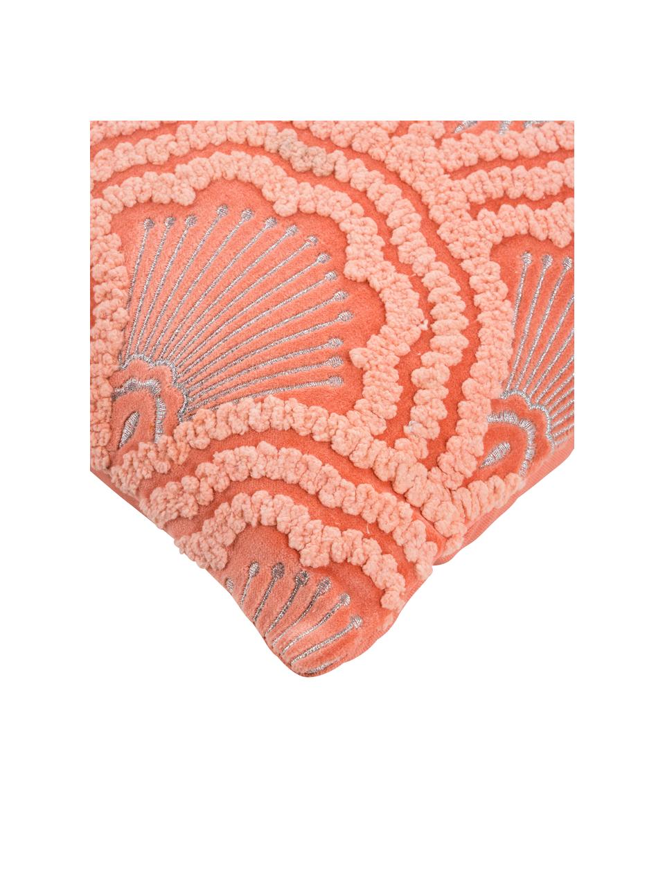 Geborduurde fluwelen kussenhoes Chelsey met hoog-laag patroon, 100% katoenfluweel, Koraalrood, 45 x 45 cm