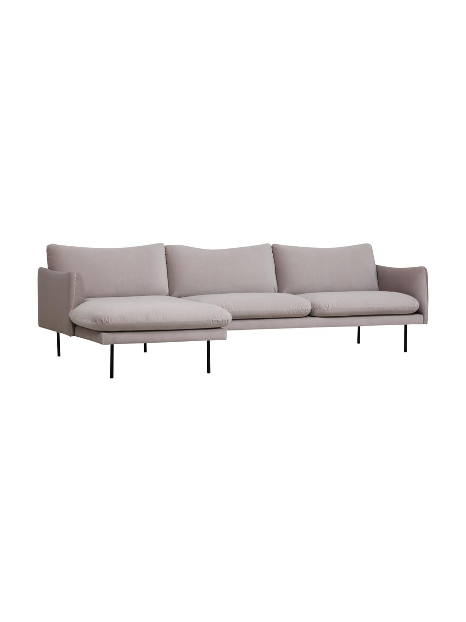 Sofa narożna z aksamitu z metalowymi nogami Moby, Tapicerka: aksamit (wysokiej jakości, Stelaż: lite drewno sosnowe z cer, Nogi: metal malowany proszkowo, Taupe aksamit, S 280 x G 160 cm, lewostronna