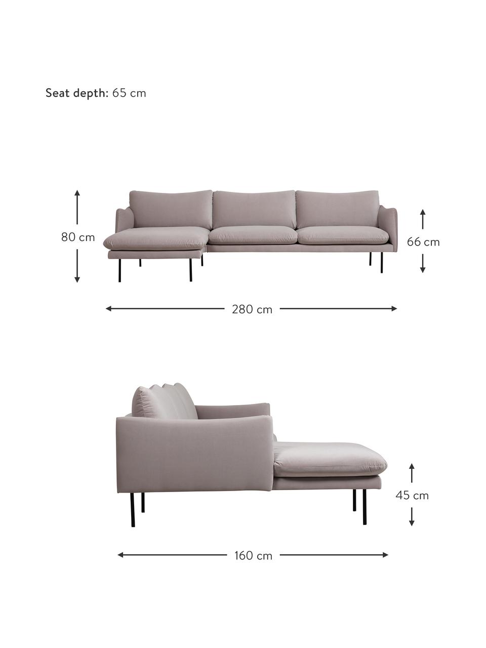 Sametová rohová pohovka Moby, Greige, Š 280 cm, H 160 cm, pravé rohové provedení