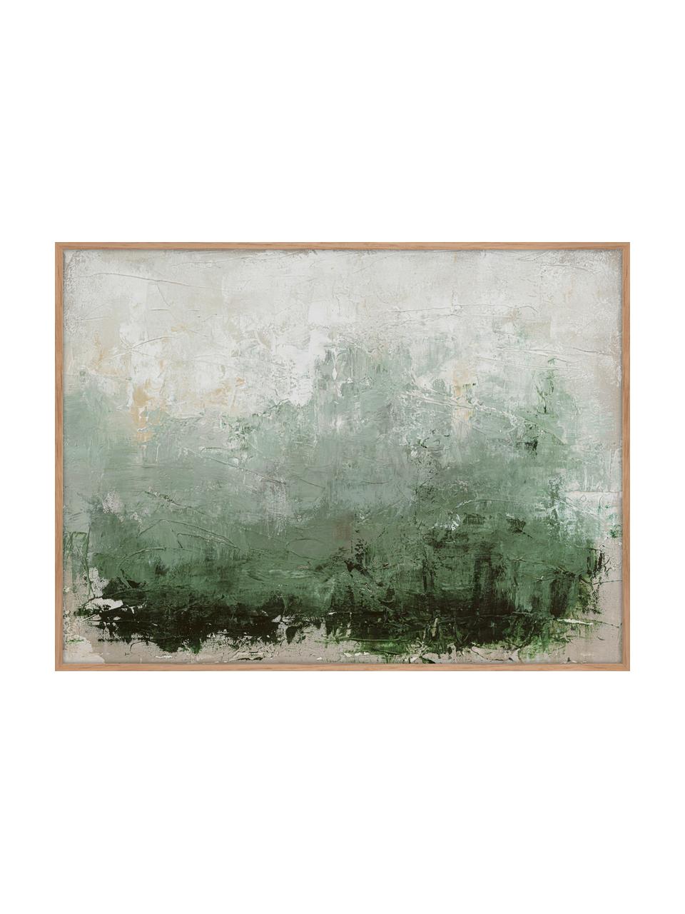 Handbeschilderde canvasdoek New Story met houten frame, Lijst: eikenhout, Beige, groentinten, B 120 x H 92 cm