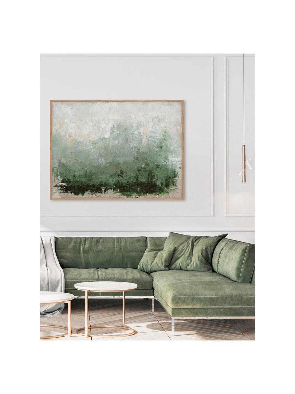 Ręcznie malowany obraz na płótnie w drewnianej ramie New Story, Stelaż: drewno sosnowe, Beżowy, odcienie zielonego, S 120 x W 92 cm