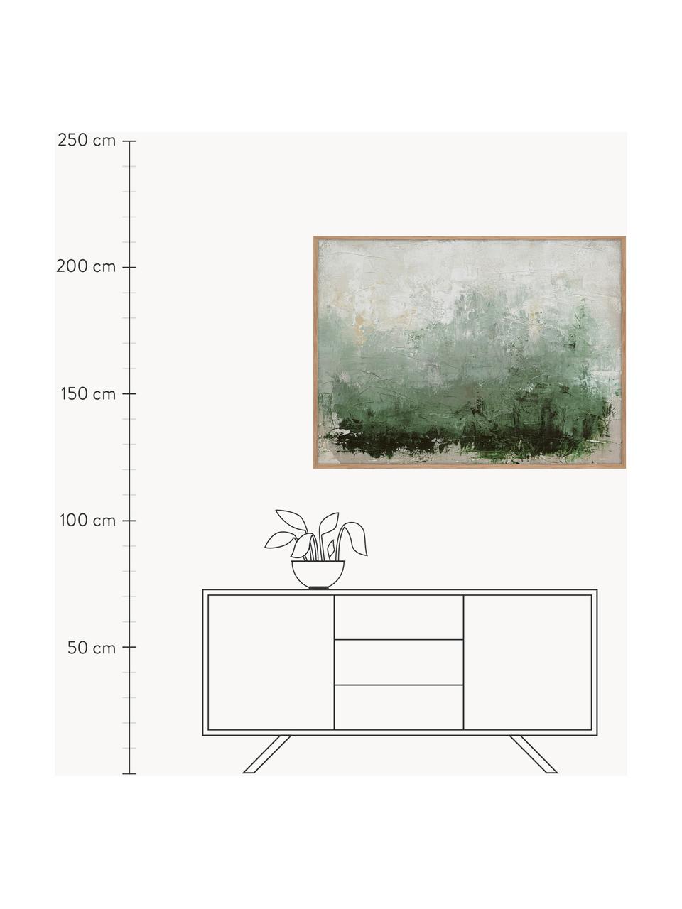 Handbeschilderde canvasdoek New Story met houten frame, Lijst: eikenhout, Groen- en beigetinten, B 120 x H 92 cm