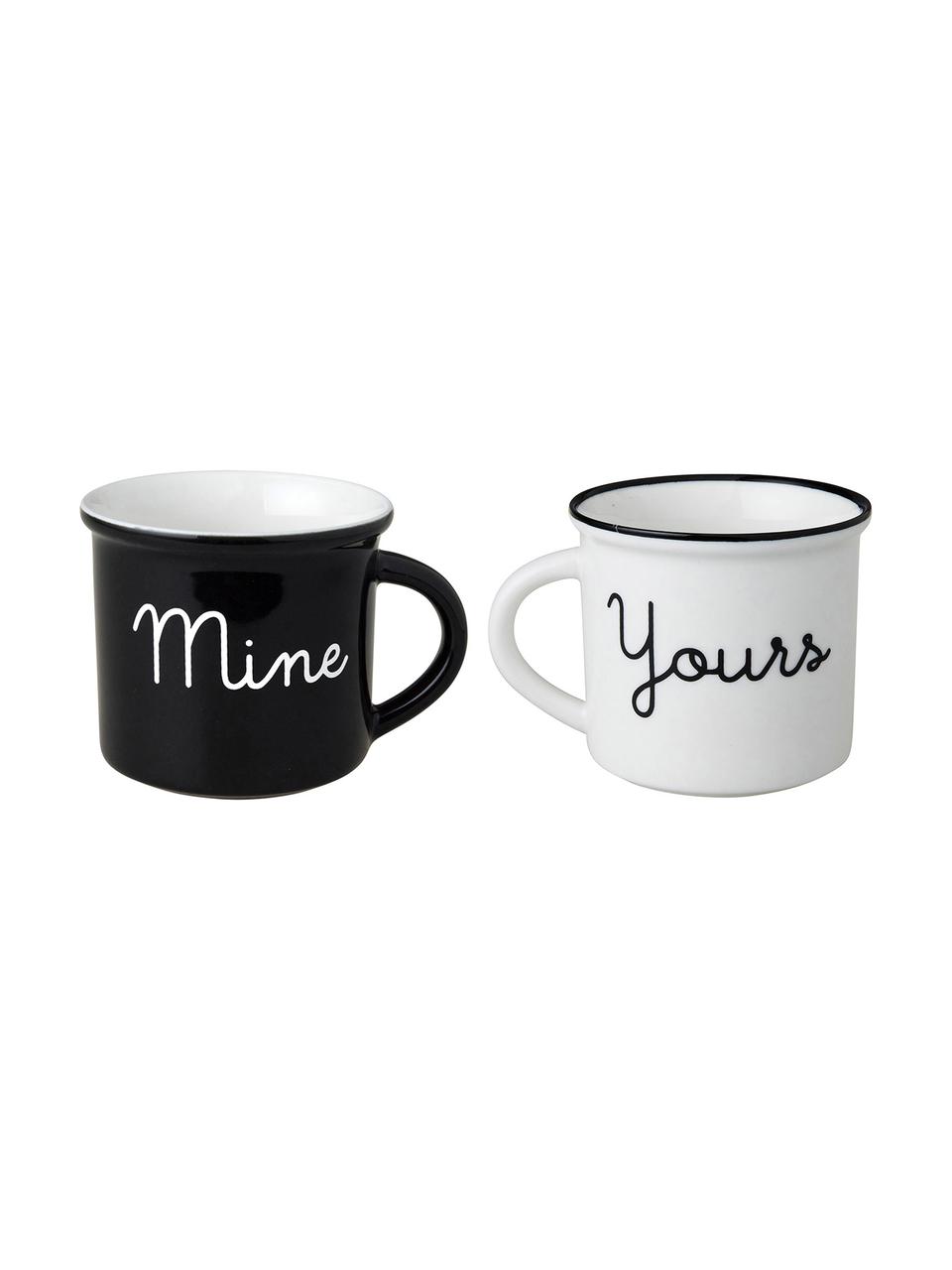 Tazas de café Yours & Mine, 2 uds., Porcelana, Blanco, negro, Ø 9 x Al 13 cm