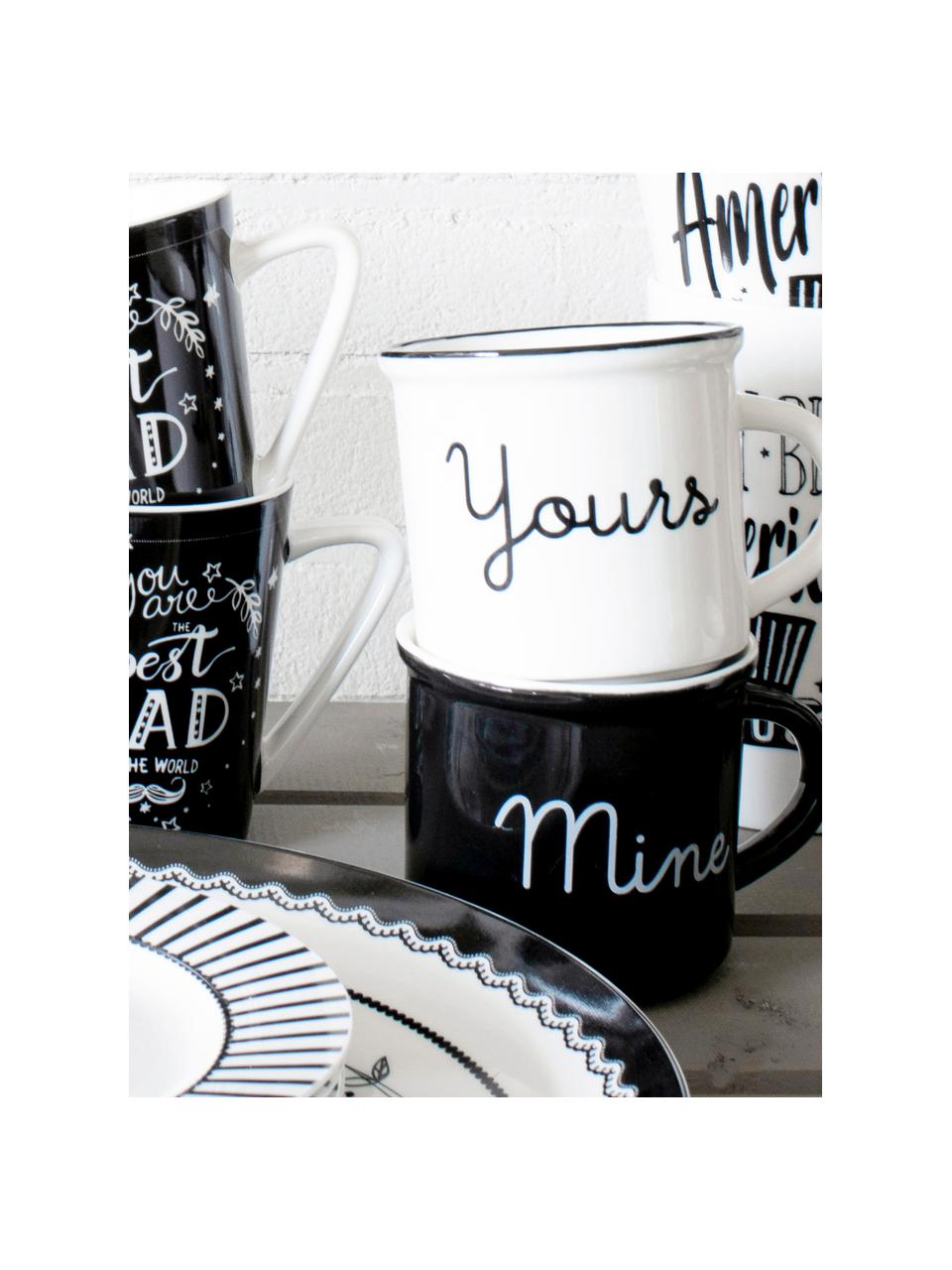 Tazas de café Yours & Mine, 2 uds., Porcelana, Blanco, negro, Ø 9 x Al 13 cm