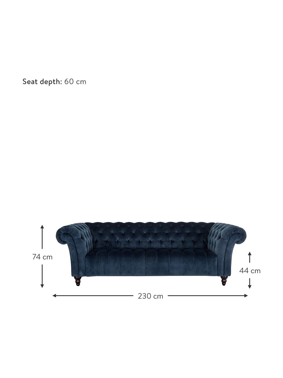 Chesterfield-Samt-Sofa Gladis (3-Sitzer) in Dunkelblau, Bezug: 100% Polyester, Beine: Eichenholz, lackiert, Rahmen: Holzgrundgestell, Samt Dunkelblau, B 230 x H 74 cm