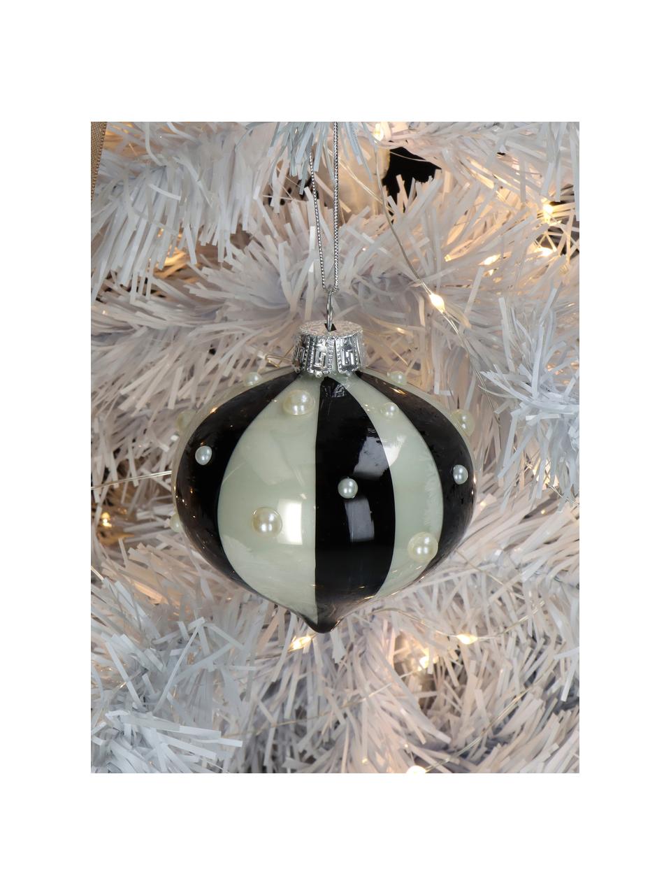 Décoration de sapin de Noël Stripe, 2 pièces, Verre, Noir, blanc nacré, brillant, Ø 8 cm