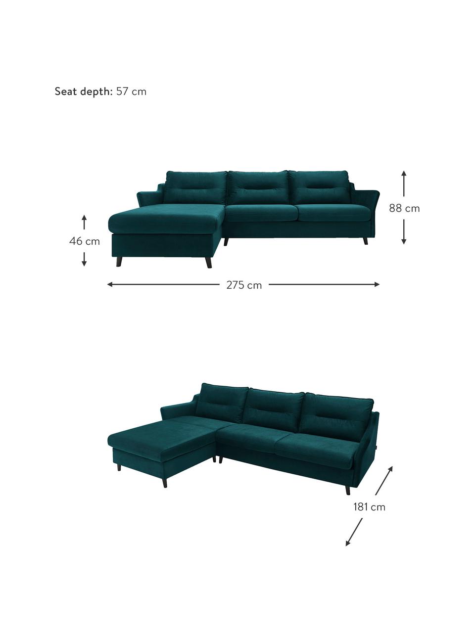 Sofa narożna z aksamitu z funkcją spania Loft, Tapicerka: 100% aksamit poliestrowy, Nogi: metal lakierowany, Szmaragdowy, S 275 x G 181 cm