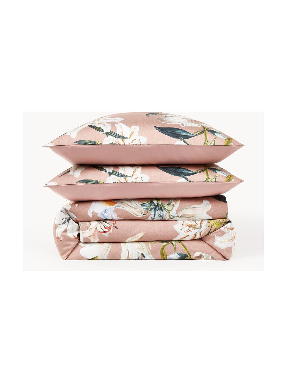 Funda nórdica de satén con estampado floral Flori, Rosa palo, multicolor, Cama 80 cm (135 x 200 cm)