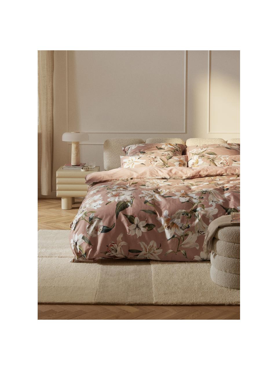 Funda nórdica de satén con estampado floral Flori, Rosa palo, multicolor, Cama 80 cm (135 x 200 cm)