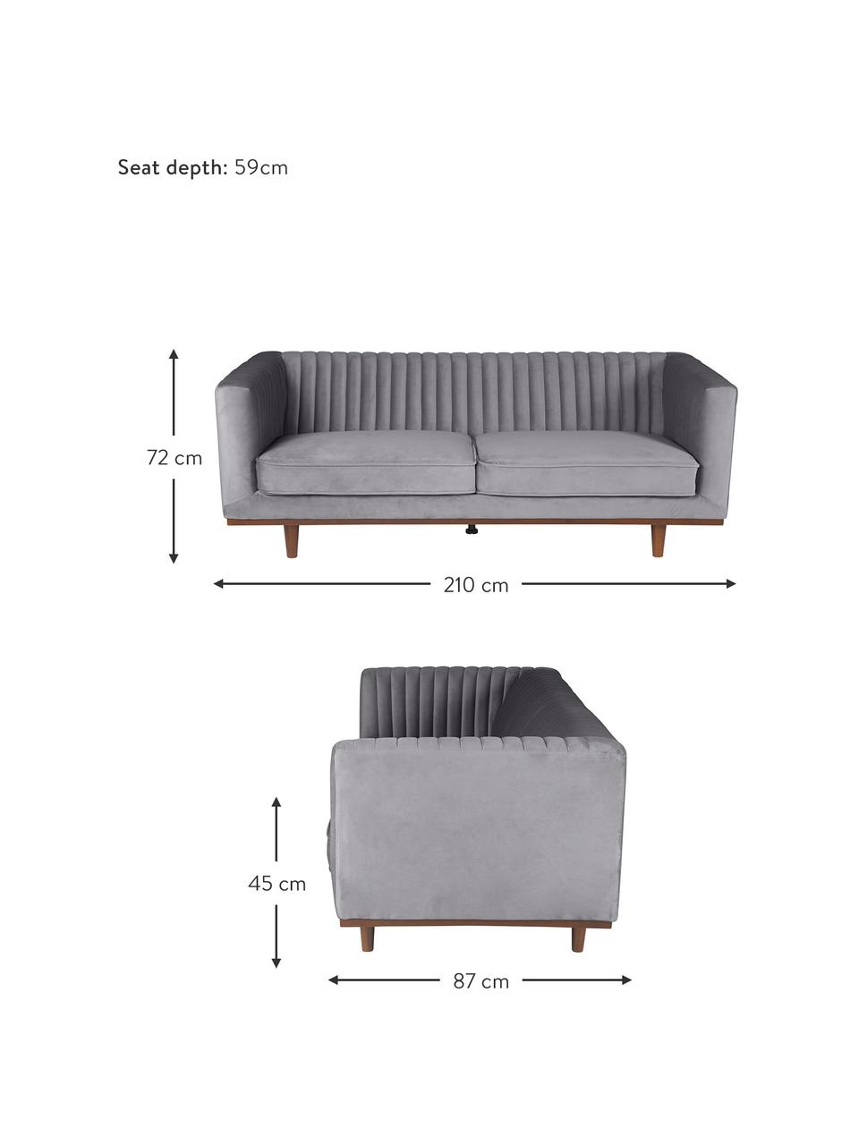 Sofá de terciopelo Dante (3 plazas), Tapizado: terciopelo de poliéster A, Patas: madera de caucho pintada, Terciopelo gris oscuro, An 210 x F 87 cm