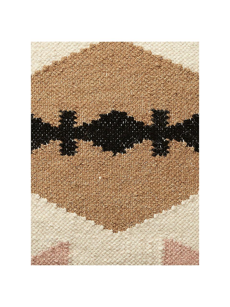 Ethno Kissenhülle Gayle aus Wolle, 90% Wolle, 10% Baumwolle, Beige, Schwarz, Creme, Rosa, 45 x 45 cm