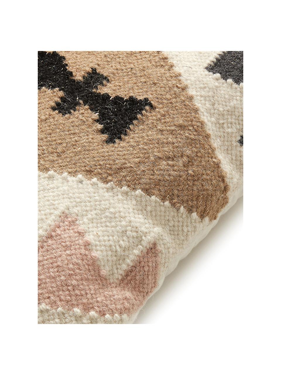 Ethno Kissenhülle Gayle aus Wolle, 90% Wolle, 10% Baumwolle, Beige, Schwarz, Creme, Rosa, 45 x 45 cm