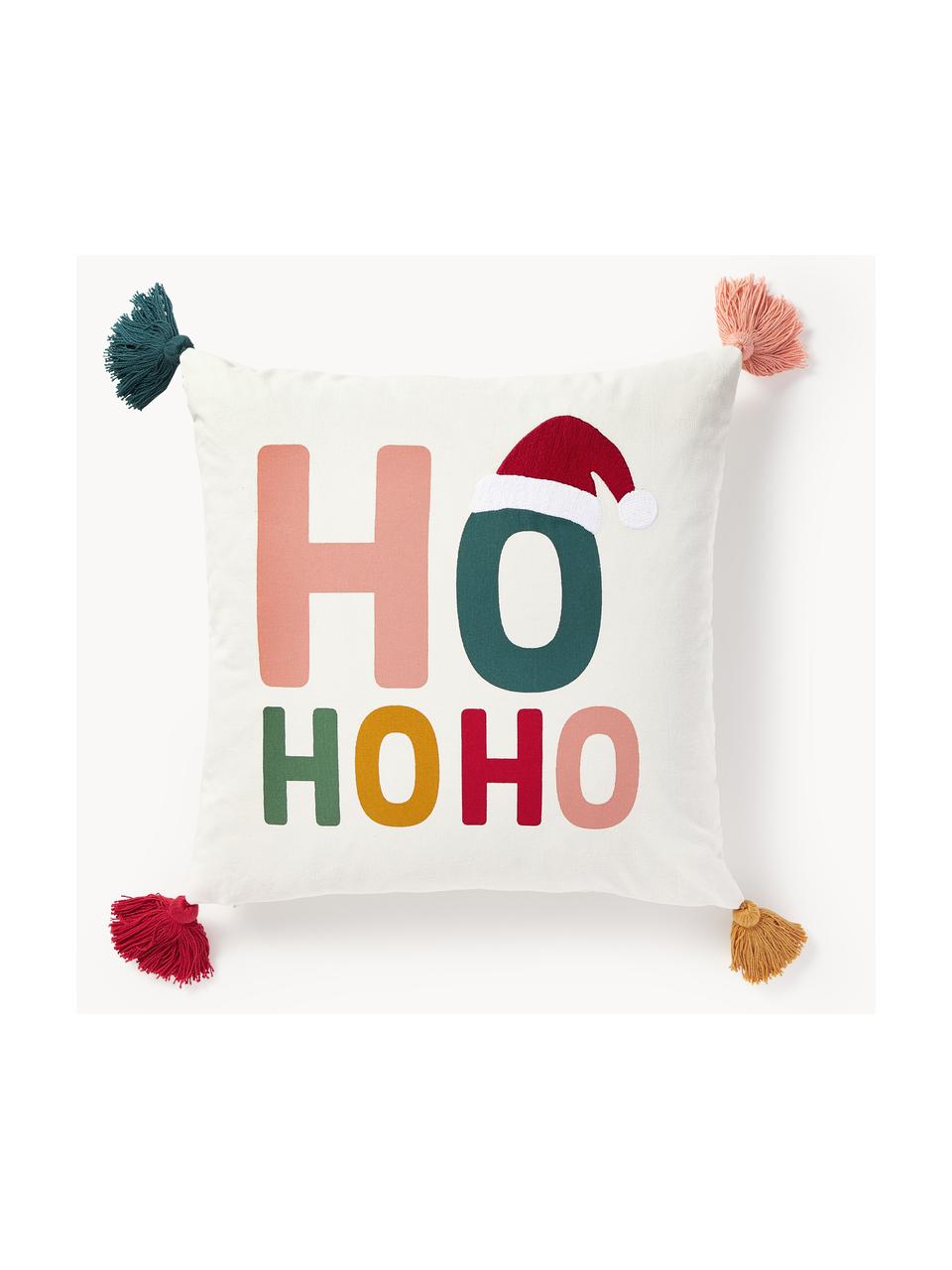 Copricuscino in cotone ricamato con motivo natalizio e nappe Nicholas, 100% cotone, Bianco, multicolore, Larg. 45 x Lung. 45 cm