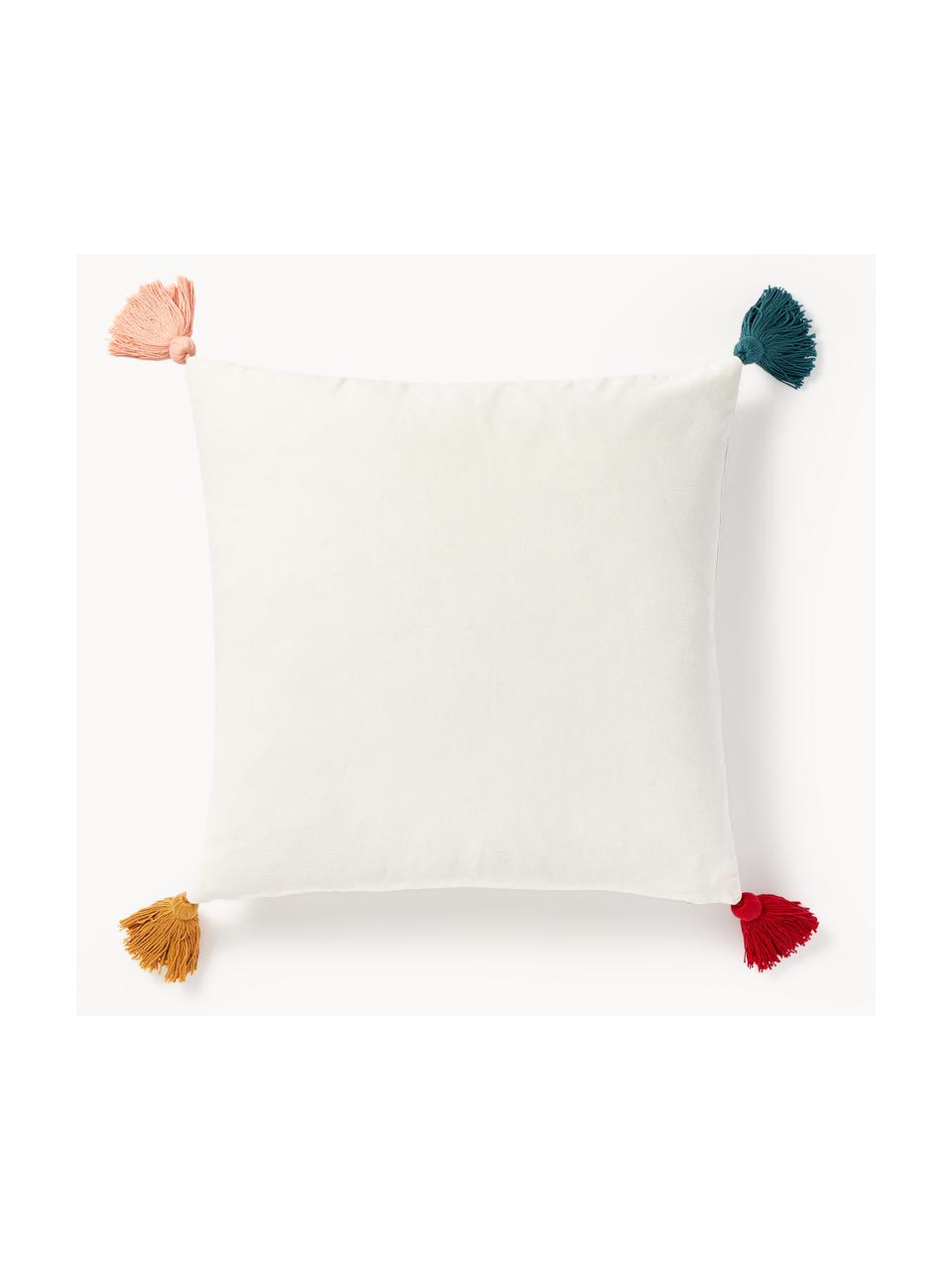 Geborduurde katoenen kussenhoes Nicholas met kerstmotief en kwastjes, 100% katoen, Wit, meerkleurig, B 45 x L 45 cm