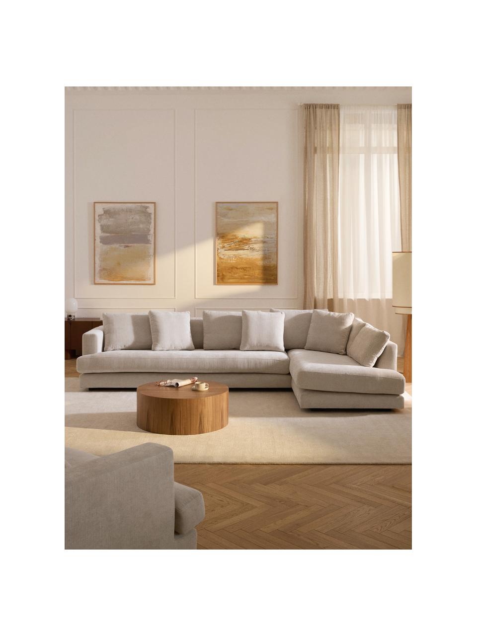 Sofa narożna XL Tribeca, Tapicerka: 100% poliester Dzięki tka, Stelaż: drewno bukowe, drewno sos, Nogi: drewno sosnowe Ten produk, Jasnobeżowa tkanina, S 326 x G 192 cm, prawostronna