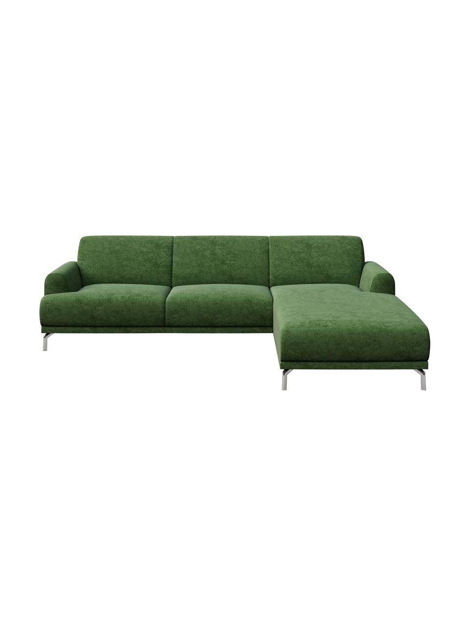 Divano angolare in tessuto verde scuro con sistema zero spot Puzo, Rivestimento: 100% poliestere, Sottostruttura: compensato, legno di betu, Piedini: metallo verniciato, Verde scuro, Larg. 240 x Prof. 165 cm