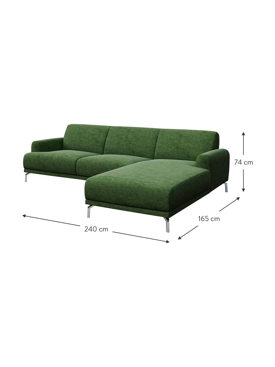 Divano angolare in tessuto verde scuro con sistema zero spot Puzo, Rivestimento: 100% poliestere, Sottostruttura: compensato, legno di betu, Piedini: metallo verniciato, Verde scuro, Larg. 240 x Prof. 165 cm