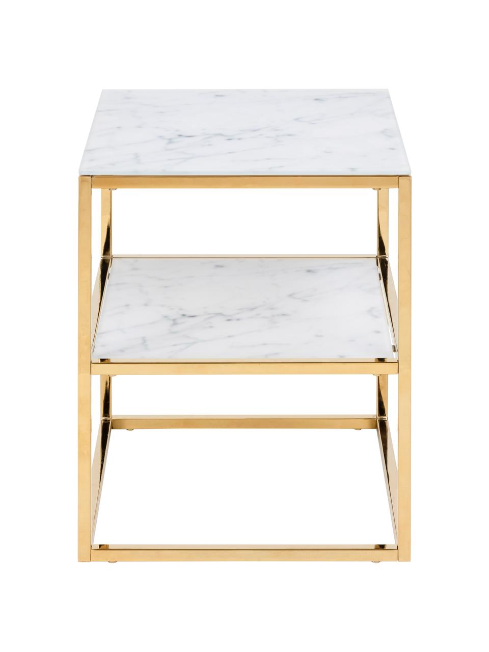 Odkládací stolek s mramorovanou skleněnou deskou Aruba, Mramorový vzhled, bílá, zlatá, Š 40 cm, V 51 cm