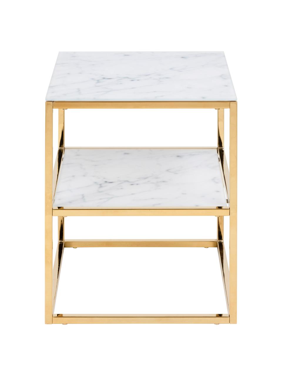 Table d'appoint en verre marbré Aruba, Blanc aspect marbre, couleur dorée, larg. 40 x haut. 51 cm