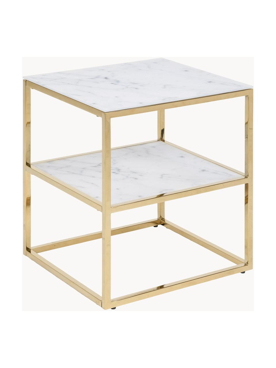 Beistelltisch Aruba mit marmorierter Glasplatte, Tischplatte: Sicherheitsglas, Metall, , Gestell: Metall, pulverbeschichtet, Marmor-Optik Weiß, Goldfarben, B 40 x H 51 cm