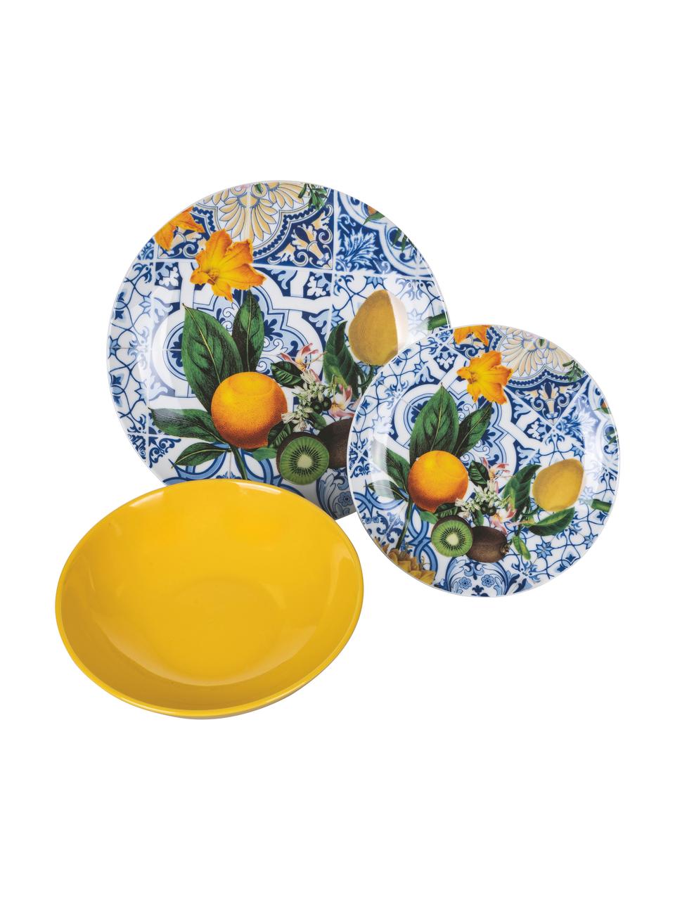 Súprava tanierov s farebným dizajnom Italian Beauty, 6 osôb (18 dielov), Porcelán, Biela, žltá a modrá, 6 osoby (18 dielov)