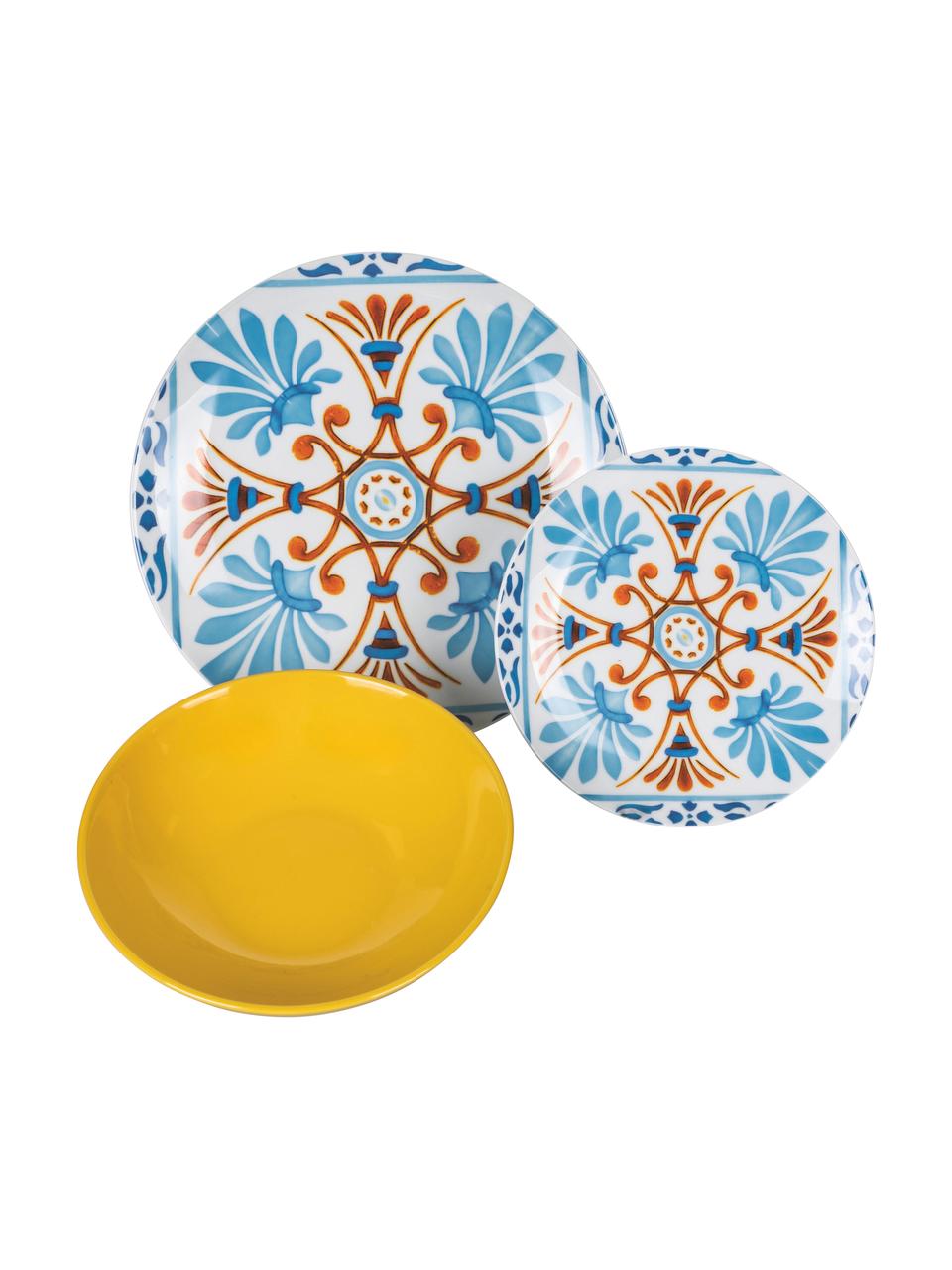 Geschirr-Set Italian Beauty mit bunten Designs, 6 Personen (18er-Set), Porzellan, Weiß, Gelb- und Blautöne, 6 Personen (18er-Set)