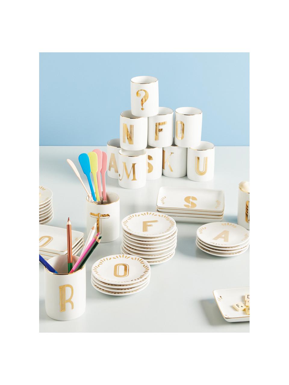 Kleine broodbord Yours van porselein met letter (varianten van A tot Z) in goudkleur, Porselein, Wit, goudkleurig, Bord S
